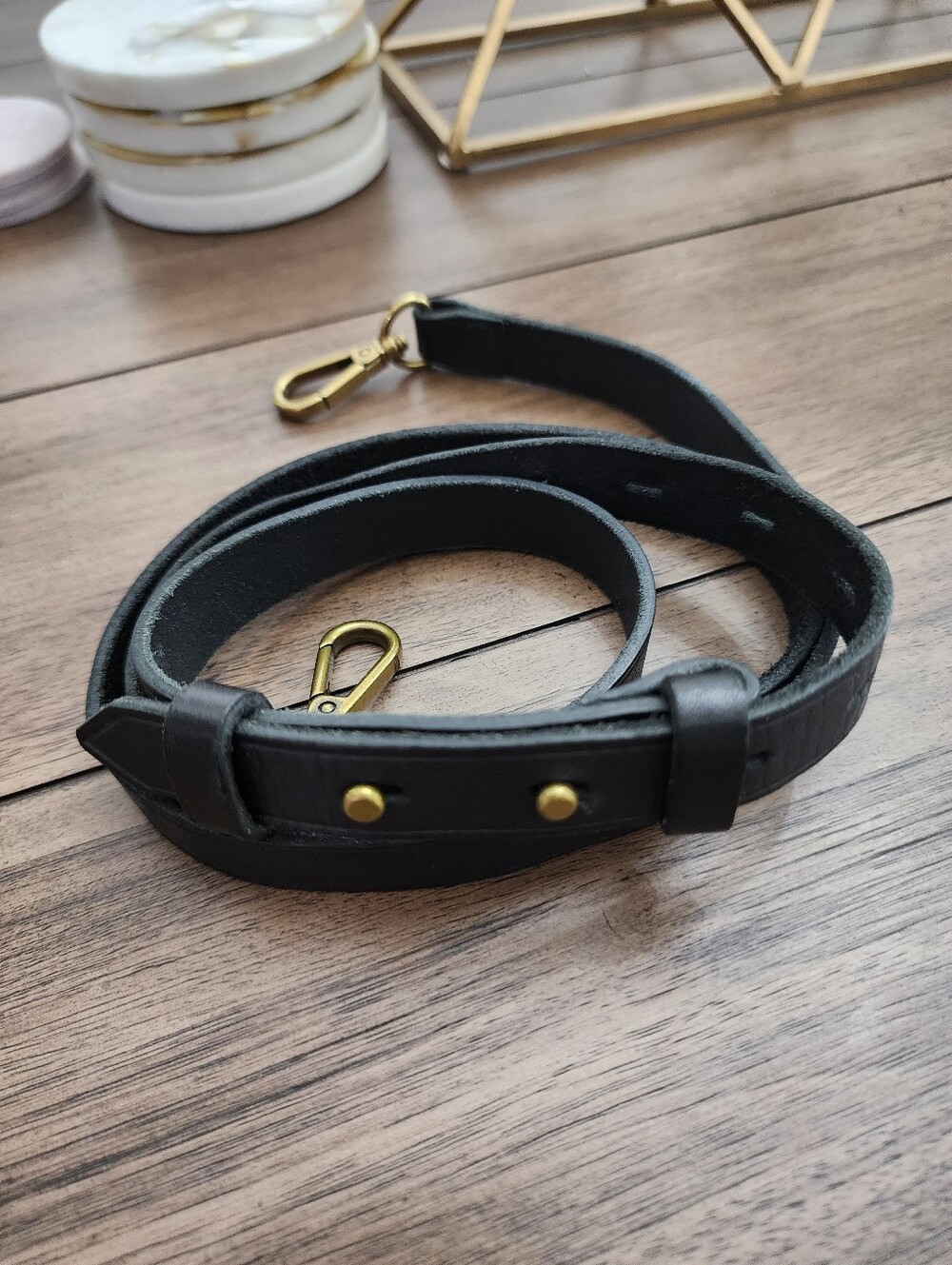Black Pebbled Leather Crossbody Strap w/ Brass Hardware 50 In At Longest Length